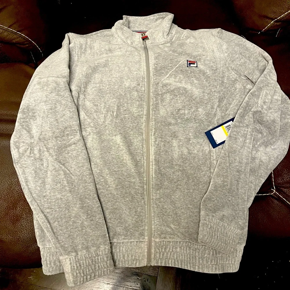 ***NEW Fila Heather Grey VELOUR Track Jacket with logo and weighted zipper (M) - Picture 1 of 16